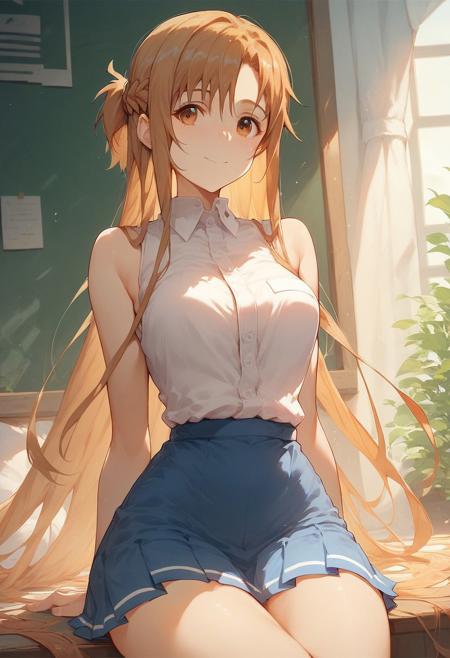 score_9, score_8_up, score_7_up, professional anime,HD,1girl,solo, (asuna yuki from sword art online), perfect body,short female,petite body,wide hips,cute girl,asuna_\(sao\), long_hair, brown_hair,  brown_eyes,sleeveless shirt, neckline,mini skirt