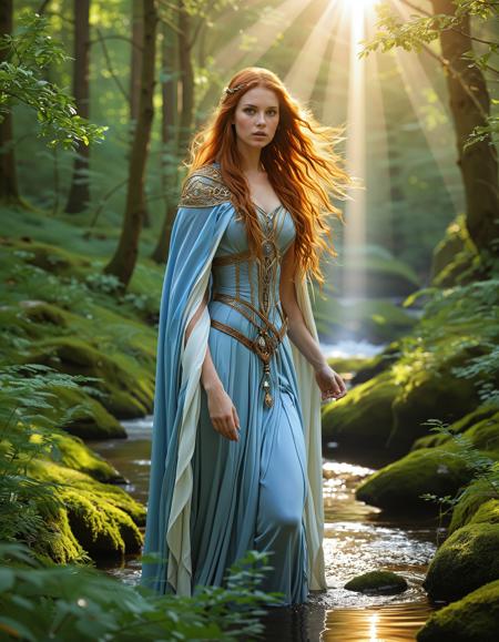 freyja, auburn hair, braided hair, magic, forest, mythic beauty, <lora:NBN-Freyja_NordicByNature:0.8>, ,Seer of the North, A mystical nbn-freyja with piercing blue eyes, draped in an embroidered cloak, predicting the future from a bowl of sacred water.,photo Fantasy art combining the styles of Boris Vellejo and Luis Royo,Photorealistic, real photo, god rays, 1girl, 21yo,realistic, clear focus, high resolution image, ,Sexy pose, erotic pose, exhibitionism, ,A serene meadow with wildflowers and a babbling brook
