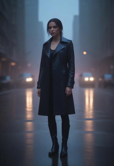 Ultra-detailed, cinematic mood: a young woman stands alone on a rain-slicked urban street, her glossy black leather coat gleaming under the soft glow of flickering streetlights. Droplets cascade down the smooth, tailored surface, reflecting hues of neon blue and violet from the surrounding cityscape. Her posture is poised yet relaxed, the coat’s high collar framing her face—sharp cheekbones dewy with rain, piercing eyes catching the light, strands of wet hair clinging to her skin. The rain falls in a steady, gentle rhythm, pooling in shallow ripples around her boots, while faint steam rises from the warm asphalt. In the background, a futuristic skyline looms—towering structures shrouded in mist, their edges softened by the downpour. Moody tones, dynamic reflections, and a sense of quiet strength infuse the scene