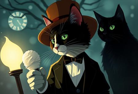 In the heart of the French Indochinese revolution, chaos brews as a spooky ice-cream man, cloaked in shadows, disrupts time itself. With his sinister frozen delights, he erases the courage of revolutionaries from history. Enter Cole, a suave tuxedo cat with a flair for time travel and a mission to restore balance. Leading the feline resistance movement, he gathers a quirky squad of cats, each with unique skills—Nala, the stealthy Siamese; Jasper, the brawny Maine Coon; and Soot, the clever black cat. 
As they leap through time, the cats face peculiar challenges, dodging the ice-cream man’s chilling minions. The pivotal moment arrives at the Declaration of Independence when Cole discovers that the ice-cream man is a former revolutionary, twisted by regret and despair. Instead of battling him, Cole engages in a heartfelt dialogue, revealing the gravity of the stolen future. 
In a twist of fate, the ice-cream man, touched by their bravery, returns to the cause, sealing their timeline. Together, they rebuild history, proving that even in frozen moments, courage can thaw the coldest hearts.