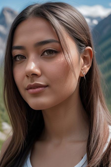 An impressive and intricate full color portrait, Ultra-HD, realistic, photorealistic, bobbi_spektre, skin pores, skin hairs, detailed skin texture, detailed face, detailed textures, epic character composition, beautiful eyes, beautiful, hiking, mountains, stunning scenery, alpine, summertime, masterpiece, best quality, 8k, RAW photo, beautiful, aesthetic, dramatic lighting, detailed textures, bokeh, 4k uhd, dslr, soft lighting, high quality, Fujifilm XT3