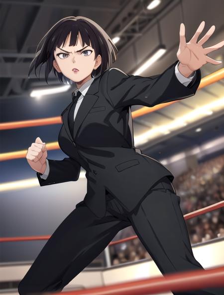 best quality, masterpiece, highres, detailed, digital artwork, <lora:Detail - add_detail:0.2>, AmamiyaRON, grey eyes, lipstick, short hair, formal, tie, black jacket, serious, meme, dynamic pose, <lora:Character - AmamiyaRON:0.8>, wrestling ring