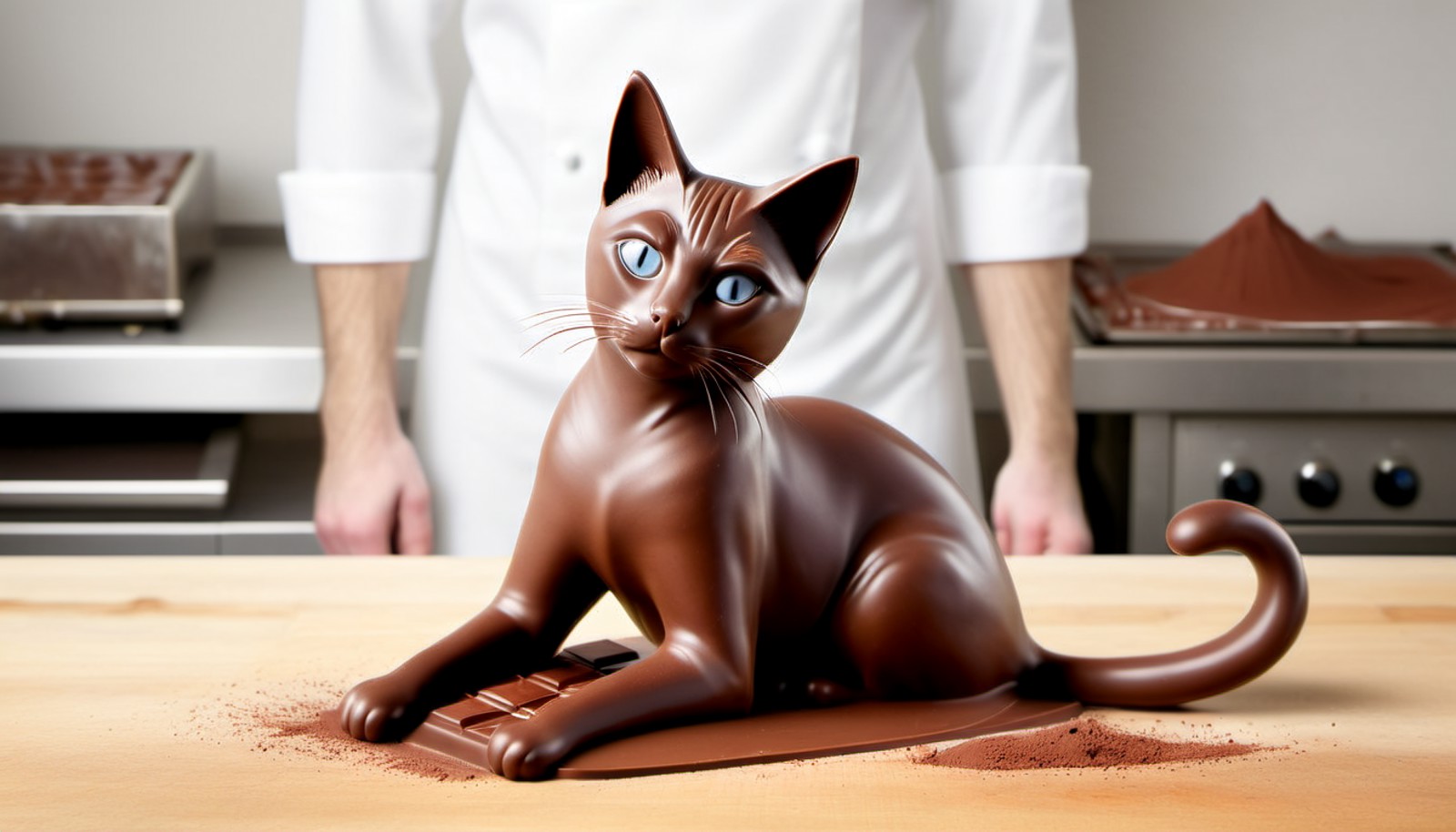 ChocolateRay, Siamese Cat, Abrasive, wearing made entirely of chocolate, at Midday, Low shutter, Colorless