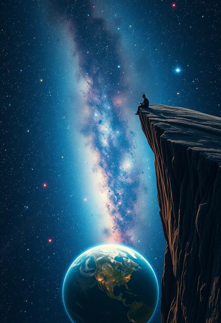 One man sitting on the edge of a cliff in space, legs hanging over the edge, gazing down at his palms, one planet below,  stars and galaxies fill the background with vibrant colors,