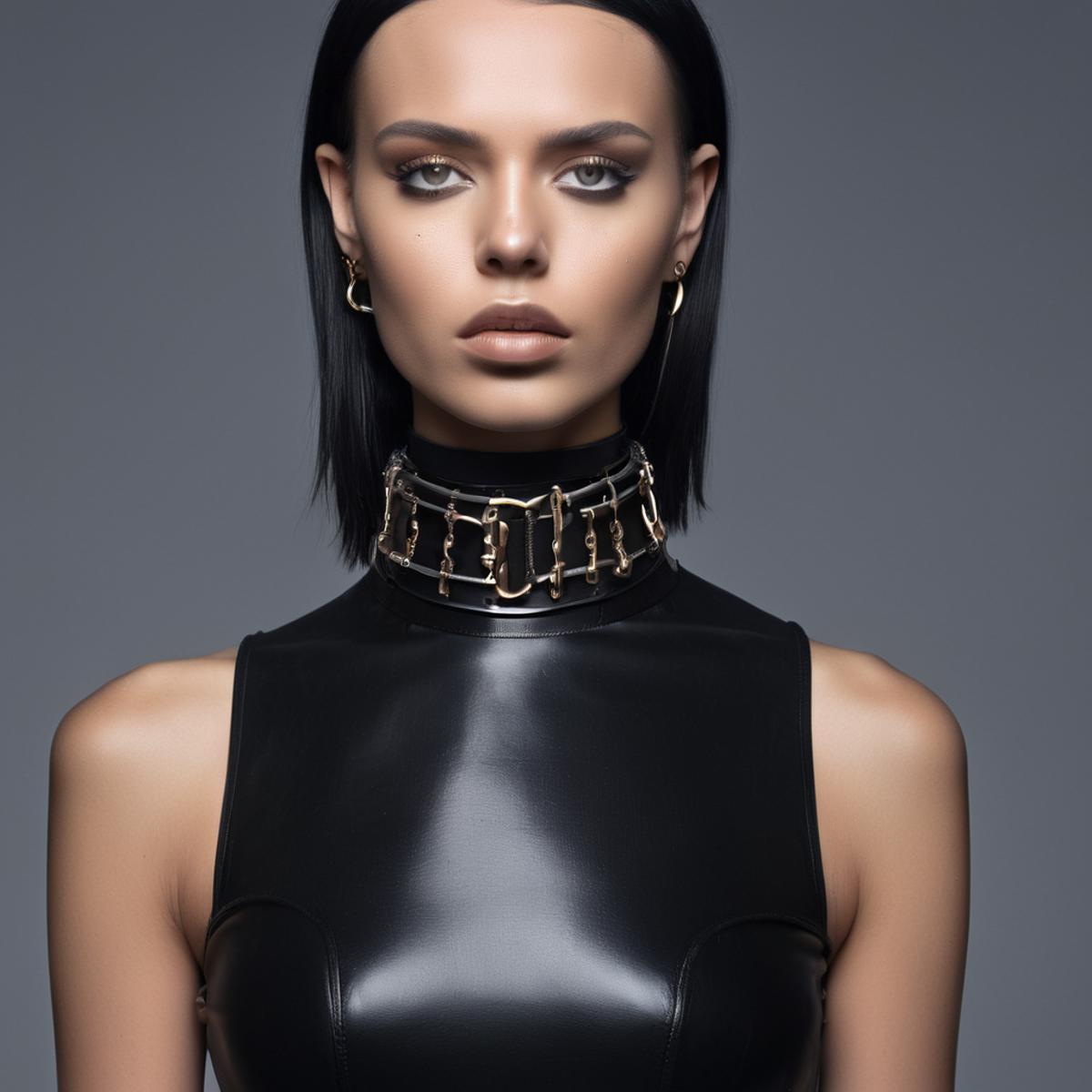 a woman in a black leather dress with a choker, wearing steel collar, slave collar, choker, wearing detailed leather colla...