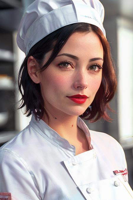 photo of a woman, ameliacooke-4956:0.99, ((short hair, black hair):1.3),((chef's hat, commercial kitchen, chef uniform, chef jacket):1.2),  ((closeup, portrait):1.2), ((red lipstick,heavy eyeliner, heavy eye shadow, blush):1.2), ((best quality, masterpiece, extreme details, high resolution):1.2), ((detailed eyes, beautiful eyes, detailed face, beautiful face):1.2)