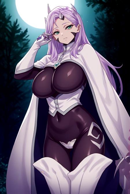 naonyuno,green eyes, purple hair, long hair, sidelocks, parted bangs, hair ornament, single horn, forehead mark,facial mark, black bodysuit, skin tight, covered navel, framed breasts, corset, high collar, white gloves, claws, white cape, thigh boots, white legwear, white panties, long sleeves, makeup