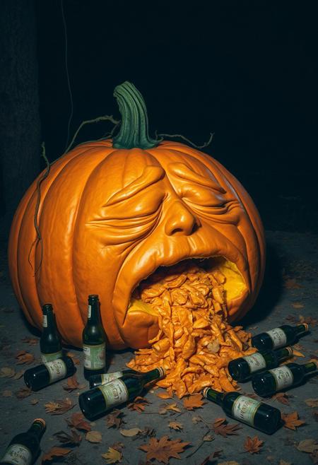 Enormous orange pumpkin with a tired, worn-out expression, sitting on the ground as it vomits its own pumpkin guts. Empty beer bottles scattered around, as if it just had a long night of drinking. The scene is dimly lit, with autumn leaves on the ground, giving off a humorous yet slightly grotesque atmosphere. The pumpkin’s vines are limp, and its color is a bit faded from exhaustion.