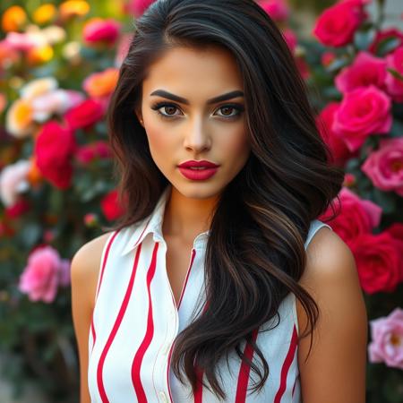 A portrait of a beautiful lady with golden beige skin, long, wavy black hair, dark brown eyes, and soft red lipstick, wearing a white sleeveless button-down shirt with large red vertical stripes, the light shining from above her head at a 45-degree angle, against a colorful rose garden.