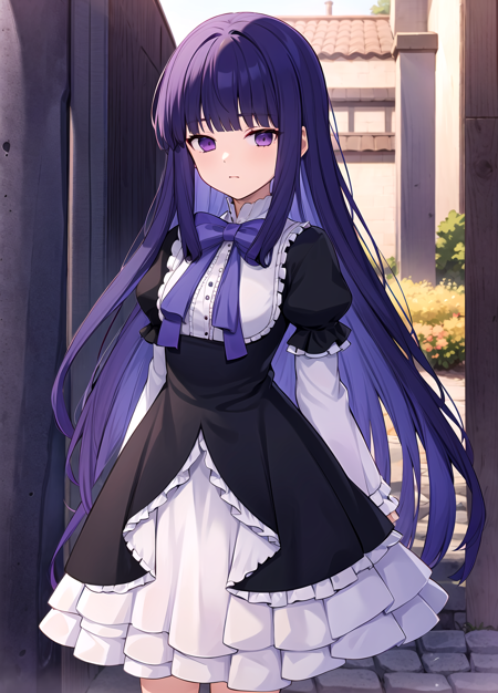 masterpiece, best quality, highres, frederica bernkastel, long hair, blue hair, outdoors, blunt bangs, purple eyes, bowtie, frills, black dress, puffy sleeves, short over long sleeves, long sleeves, legs, standing, <lora:Frederica Bernkastel anylora8ep40r50r80r-000006:0.7>, 