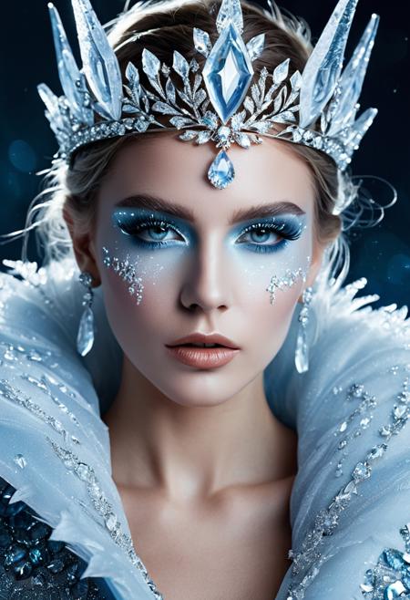 High-fashion portrait of ice sorceress with crystalline makeup and frost-covered eyelashes, wearing translucent ice crown. Beauty lighting with multiple softboxes, flawless skin retouching, luxury fashion photography aesthetic. Cool color palette with selective warm highlights, shot on full-frame sensor with prime lens. Vogue editorial quality with fantasy couture styling.