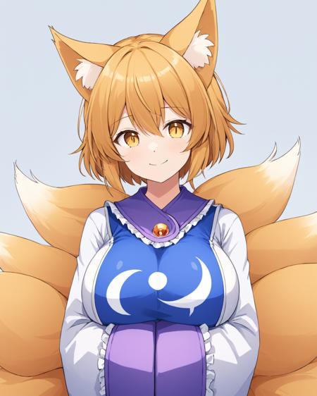 yakumo ran,1girl, fox_tail, solo, multiple_tails, tabard, no_headwear, animal_ear_fluff, hands_in_opposite_sleeves, large_breasts, smile, looking_at_viewer, closed_mouth, white_dress, upper_body, wide_sleeves, gradient_background, gradient, fox_girl, juliet_sleeves
<lora:yakumo_ran_image6380_2023-12-20-000004:1>,star-shaped_pupils,symbol-shaped_pupils,. gorgeous,key visual, vibrant, studio anime,award-winning, professional, highly detailed,high budget, cinemascope