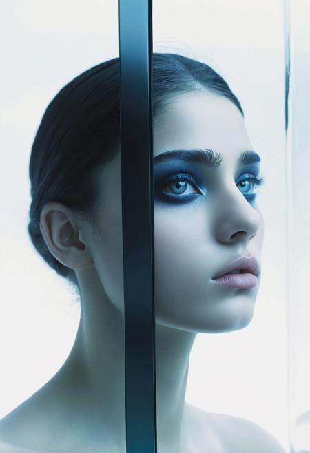 Persian Girl,against glass,(Low-Key Portraits by Vicky Roy and Dino Pedriali:1.2), (aesthetic of symbolism with radicalized atmosphere:0.5), (Infrared Photography by Sally Soames and Pauline Kruger Hamilton:1.2), high key with glistening light, cosmic anddireful and dramatic atmosphere,,,boleum \(dgrpluna\), f/4, daring, high dynamic range, (center composition, symmetry composition:0.1), (ebony and muted colors:0.1) <lora:MJ52:0.5> <lora:- SDXL - vanta-black_contrast_V3.0:0.5>blackf/1.4, rule of thirds, iconoclastic opus magnum with unparalleled details, <lora:MJ52:1.0>(masterpiece, best quality:1.4), perfect body parted lips, , detailed skin,model photoshoot,photography by (Muriel Angelus:1.3), modelshoot, pose, , award winning photo macro shot of a beautiful A minimalist and modern design portraits of a beautiful woman, one eye covered in an artistic black band in bold white, blue or yellow colors, set against a stark white background. This graphic representation symbolizes beauty through visual simplicity and minimalistic elements. (Motion Blur Photography by Sarah Charlesworth and Andres Serrano:1.2), award-winning photography, aesthetic, carefully designed details, clear scene, f/22, symmetry and balance, unprecedented, selective color,  Ultra High Resolution, wallpaper, 8K,Rich texture details, hyper detailed, detailed eyes, detailed background, dramatic angle, epic composition, SimplepositiveXLv1 , , solo, model photoshoot,, a stylish girl,