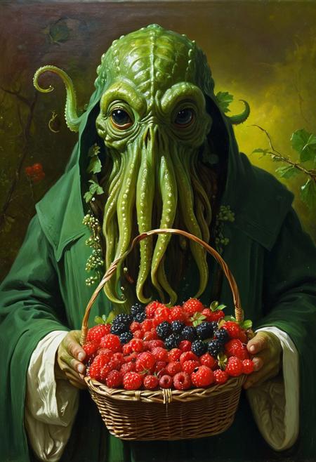 A Cthulhu holds a basket of berries in its mouth, from side, traditional russian clothing, long-range plan, oil on canvas, by Ivan Shishkin, <lora:ClassipeintXL1.9:0.2>, ,best quality, high resolution, extreme detail, outstanding composition, masterpiece,