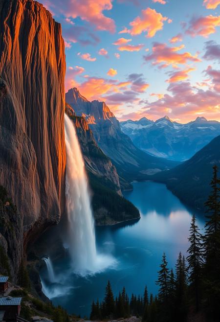 A breathtaking waterfall cascading from a towering cliff into a tranquil lake, surrounded by majestic mountains, vibrant sunset sky painted with oranges, pinks, and purples, hyperrealistic, cinematic, beautifully lit, 8k resolution, fine details, serene atmosphere, landscape painting by Thomas Kinkade and Albert Bierstadt