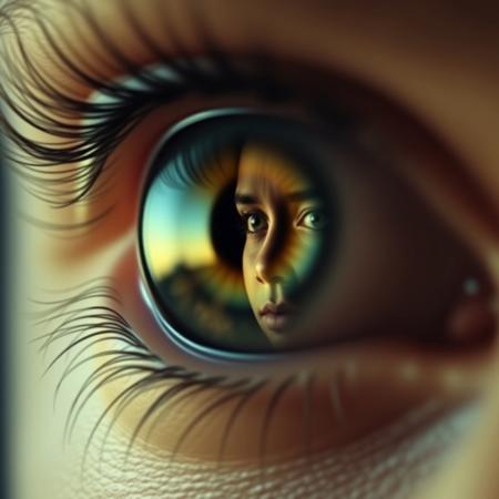 a compelling image where an eye acts as a mirror, reflecting another person's face. This reflects the concept that our souls not only hold our essence but also how deeply we connect with others, showing the impact of relationships and emotions in our lives.