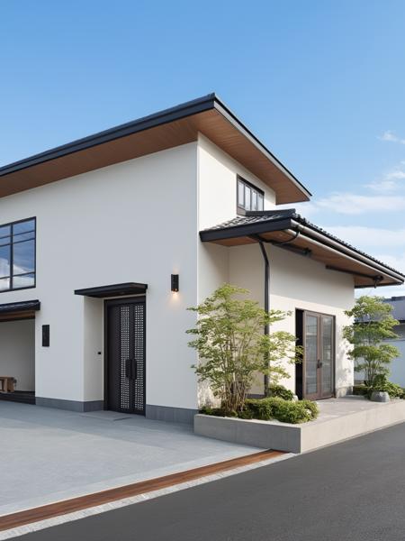 Architectural style Architectural style,  <lora:JJsJapaneseStyleHouse_XL:1>, ((Japanese Style House)),(masterpiece) , ((best quality)), dramatic lighting, high quality outdoors, sky, day, cloud, tree, blue sky, building, scenery, road, real world location,  sunlight, enough detail, high resolution,super realistic, Photorealistic, highly detailed, balcony, plants, door, car,  paving, , architectural drawing, highly detailed  ,  . Clean lines, geometric shapes, minimalist, modern, architectural drawing, highly detailed