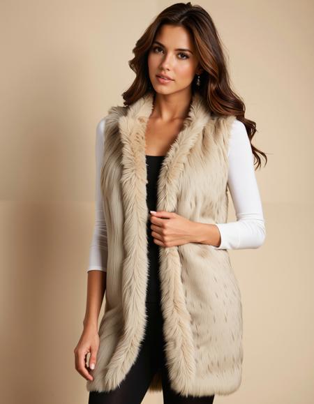 The Faux Fur Vest, with slightly daring allure: A faux fur vest, providing both warmth and a luxurious, textured layer to any outfit, and intricate lace adorned thigh-high stockings emphasizing her smooth thighs.
