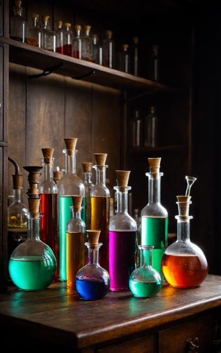 wizard laboratory,intricately detailed photography,brightly colored vials and liquids,bold,RAW,<lora:Creat0r_MagicDetailzV2_FIX:0.95>,