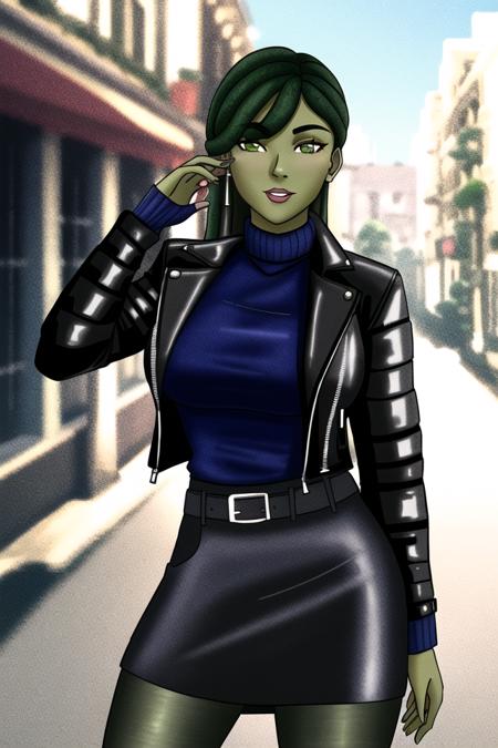 <lora:vera_oberlin:.6>, vera oberlin, masterpiece, best quality, 1girl, solo, (colored skin), mature female, turtleneck sweater, jacket, open jacket, green skin, absurdres, outdoors, depth of field, blurry background, snake, skirt, argyle legwear, leather jacket,