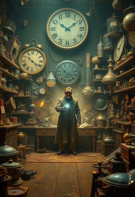 Create a cluttered, dimly lit workshop filled with strange and exotic artifacts from different eras and cultures. There's a workbench in the center of the room, covered in tools and half-finished projects, and a large, ornate clock on the wall that seems to be ticking away with an otherworldly rhythm. In the center of the image, a lone figure stands, surrounded by a halo of soft, pulsing light. The figure is dressed in a long, worn leather coat and a pair of goggles perched on their forehead, and is holding a strange, glowing device in one hand. Style: cluttered, dimly lit, mystical. Colors: warm, golden, glowing. Highest-Quality, 4k, Masterpiece
