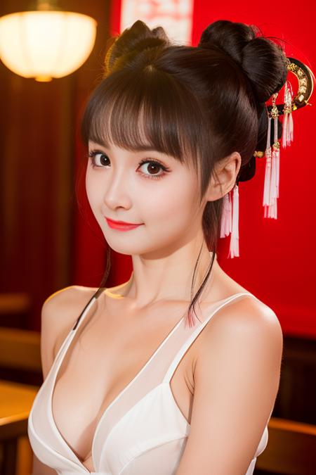 <lora:xiaodan:0.85>, Chinese theme, raw color photo, long shot, realistic, 1girl, a 21-years-old girl, in Chinese restaurant, Chinese midriff, best quality, detailed eyes, beautiful and symmetrical face, slim body, detailed hip, small breast,  innocent expression,  photorealistic, lighting, nighttime, dynamic_color_range