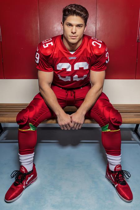 an American football locker room, (sitting on a bench), legs spread open, muscular DevinFranco, American football player wearing American football uniform, American football shoulder pads, (red jersey:1.5), (red football pants and pads:1.4), socks, sneakers, slight smile, hands on knees, masterpiece, (((full body portrait))), full body shot <lora:DevinFranco-000006:0.8>