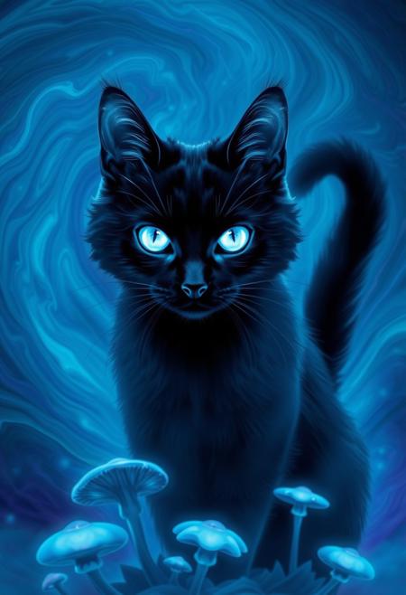 Highly detailed glowing blue ethereal ghost like black cat with glowing white eyes.  Swirling background composed of rich blues, teals, and purples, suggesting a mystical or cosmic environment. The backdrop appears almost liquid, with the colors merging and flowing into one another, creating a dreamlike, ethereal atmosphere. Below the cat, abstract, mushroom-like forms and organic shapes emerge, enhancing the otherworldly feel of the image. The cat’s bright, piercing eyes draw attention, making it the focal point of this enchanting and mysterious scene, as if it exists within a magical or alternate dimension.
