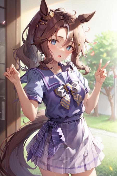 masterpiece, best quality, 
mejiro palmer \(umamusume\),
tracen school uniform, ear ornament, summer uniform, serafuku, puffy short sleeves, purple bowtie, horseshoe ornament, sailor collar, sailor shirt, purple shirt, white skirt, pleated skirt, frilled skirt, 
<lora:mejiro_palmer_loha:0.8>