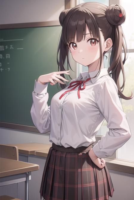 chiyokosonoda, <lora:chiyokosonoda-lora-nochekaiser:1>,
chiyoko sonoda, brown hair, (red eyes:1.5), hair bun, long hair, double bun, sidelocks,
BREAK brown skirt, buttons, collared shirt, dress shirt, miniskirt, neck ribbon, plaid, plaid skirt, pleated skirt, ribbon, school uniform, shirt, skirt, white shirt, yellow ribbon,
BREAK indoors, classroom,
BREAK looking at viewer, cowboy shot,
BREAK <lyco:GoodHands-beta2:1>, (masterpiece:1.2), best quality, high resolution, unity 8k wallpaper, (illustration:0.8), (beautiful detailed eyes:1.6), extremely detailed face, perfect lighting, extremely detailed CG, (perfect hands, perfect anatomy),