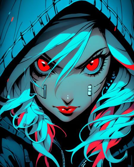 1girl, solo, hood, hood up, lips, looking at viewer, cyberpunk, blurry, closed mouth, red eyes, portrait, blue hair, bandaid, earrings, bandaid on face, hair between eyes, hooded jacket, jewelry, science fiction, depth of field, long hair, bangs, nose, jacket, hoodie