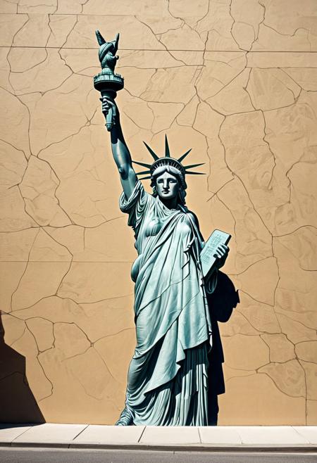masterpiece art, tall highrise housing, the projects highrise, front view of beige color flat concrete wall with (colossal mural painted on wall:2.0), (hyper realistic painting of the Statue of Liberty also known as Lady Liberty:2.0), she is standing tall, wearing a her famous robe with beatiful intricate creases, though this image of her has been modified with alterations, she has black gaffer tape or black duct tape covering her eyes (see no evil), she has placed her beautiful hands with elegant fingers covering her ears on either side of head (hear no evil), she has black gaffer tape or black duct tape covering her mouth so she cannot speak (speak no evil), 2 feet visble, she has dropped the torch and the torch has fallen outside of the wall and onto the street below, the famous Liberty torch with a short handle is lying on it's side on the ground, surrounding the fallen torch are cracks in the street, with long shadows casted. ArsMJStyle, Colored pencil hyperdetailed realism, in the style of tim doyle