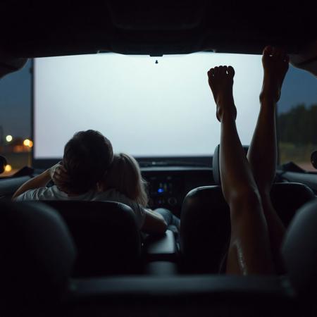 front view of car at drive-in movie, screen lighting dimly the front seat, where a 18yo couple have their heads leaning together, his arm around her shoulders, and the back seat where a woman's bare legs are sticking up in the air.