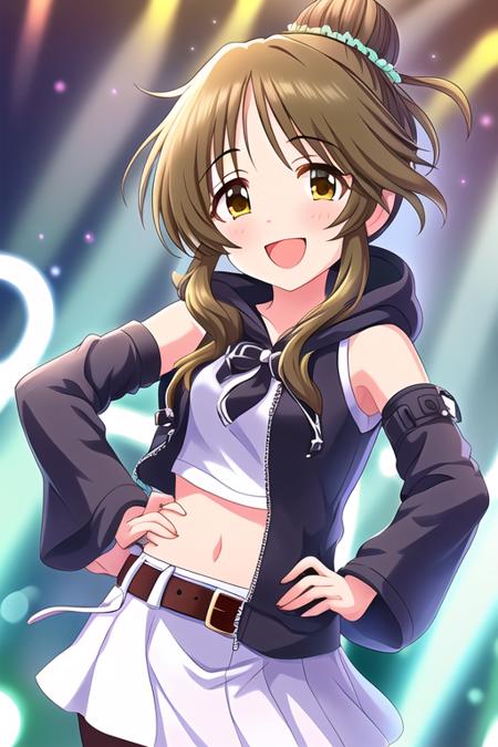 Takamori Aiko, 
1girl, bare shoulders, belt, blush, bodystocking, bow, brown eyes, brown hair, camera, covered navel, cropped hoodie, detached sleeves, dot nose, glowstick, hair bun, hand on own hip, hood, hood down, hoodie, index finger raised, long hair, long sleeves, looking at viewer, open mouth, ponytail, sidelocks, single hair bun, skirt, smile, solo, spotlight, stage, white belt, white skirt, zipper
  <lora:deresute-v1.2:1>