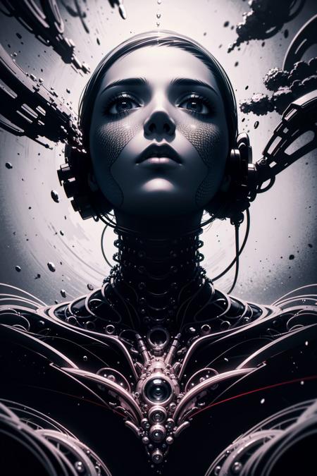 Abstract style biomechanical style illustration beautiful woman, colorful melting human head. acrylic bubbles and flowers, ferrofluids, water distortions. looking up, intricate abstract. intricate artwork. beeple. blend of organic and mechanical elements, futuristic, cybernetic, detailed, intricate, dark theme, (in awe:1.2), confident, (surprised:0.7), natural skin, style of Stan Manoukian, physically based unbiased rendering, natural lighting, soft shadows, extremely high-resolution details, photographic, realism pushed to extreme, fine texture, 4k, ultra-detailed, high quality, high contrast . Non-representational, colors and shapes, expression of feelings, imaginative, highly detailed