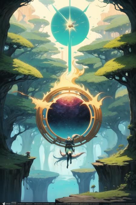 a large circle of a person above a tree in an image, in the style of vibrant fantasy landscapes, teal and bronze, energy-filled illustrations, hikecore, sublime wilderness, poster art, i can't believe how beautiful this is