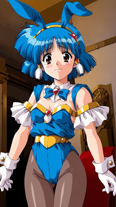 sawady, blue hair, short hair, hair ornament, brown eyes, small breasts, red skirt, shoes, 1990s \(style\)