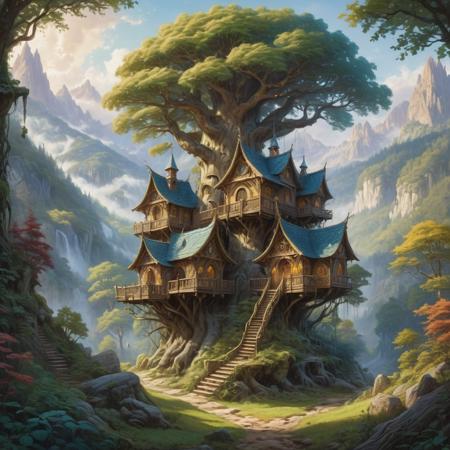 ornate (treehouses) rest in the trunks and branches of the forest in a fairytale woodland village, Elven architecture blending with nature, valley, matte painting, highly detailed, dynamic lighting, cinematic, detailed, [color Ink wash painting], denoised, 4K, 8K, (extremely intricate:1.04), vibrant colors, (beautiful scenery:1.08), (detailed scenery:1.08), (intricate scenery:1.07), <lora:FaeTastic:0.6>
