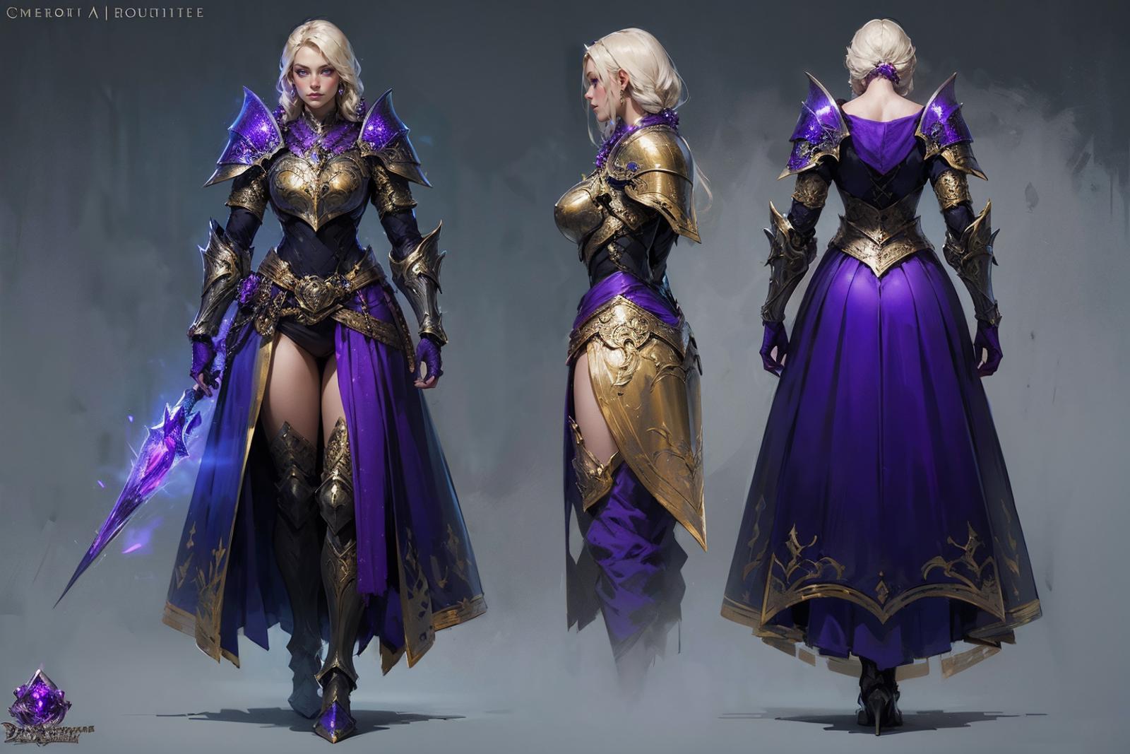 A Pair of Three-Quarter Length Drawings of a Woman in a Purple Dress and Gold Armor.