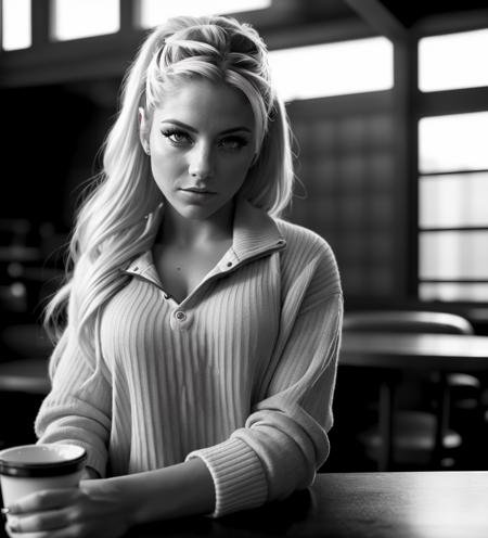 (dark shot:1.4), 80mm, a beautiful woman, working as a (waitress) at a diner, wearing white sweater, blue apron, jeans, (natural skin texture, hyperrealism, soft light, sharp), (intricate details:0.9), (hdr, hyperdetailed:1.2), soft light, sharp, exposure blend, medium shot, bokeh, (hdr), high contrast, (muted colors, dim colors, soothing tones), low saturation, (hyperdetailed), (noir:0.4) alexabliss, <lyco:AlexaBliss:1.0>