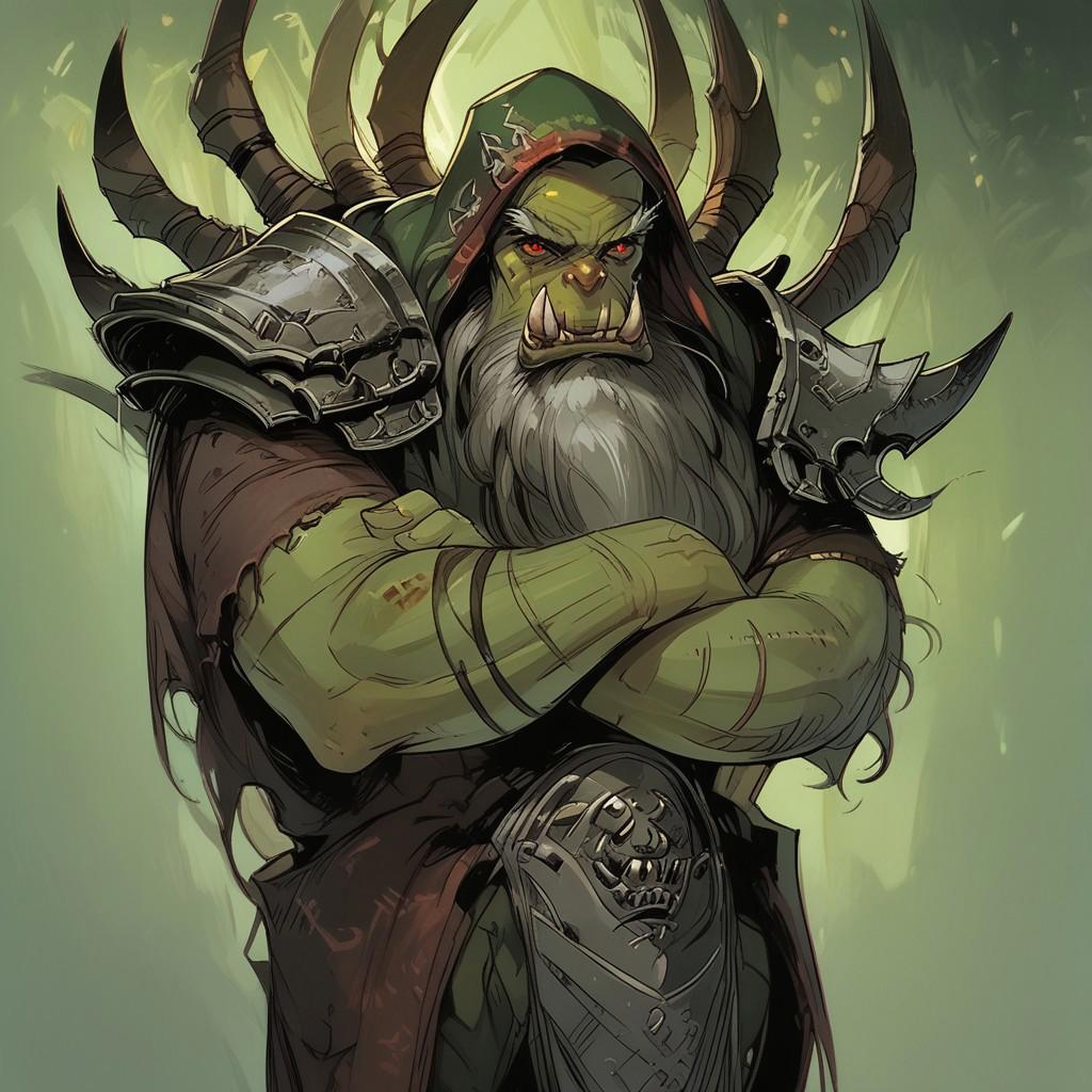 score_9, score_8_up, score_7_up, BREAK, 1 boy, manly,  BREAK guldan, orc, green skin, beard, hood, red eyes, armor,