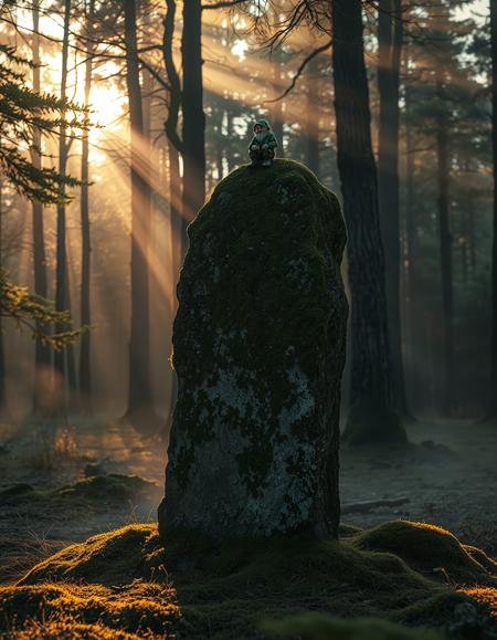 A weathered standing stone covered in moss, standing alone in a forest clearing at dusk. A small dwarf sitting on top of the stone.  Cinematic lighting filters through the trees, casting long shadows and golden highlights. Mist clings to the ground, and the stone feels ancient and sacred. Ultra-realistic detail, soft depth of field, dramatic atmosphere