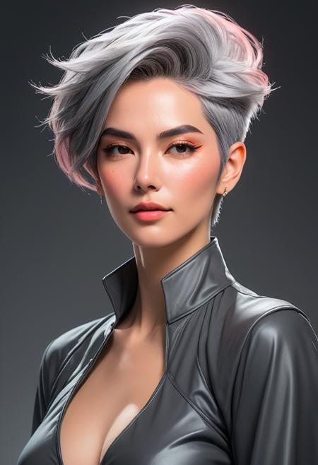 adult androgynous, spicy gray hair, straight 80s hairstyle, athletic build, closed eyes, penciled-in eyebrows, few cheeks freckles, thin lips, noticeable scar on cheek , posed looking away from camera and pointing , cosplay costume clothing, clothing, portrait camera shot, studio lighting lighting, ethereal style, dynamic , peach color palette, graphic novel render masterpiece, best quality, absurd resolution, 8k, uhd,  <lora:artfullyWHTFSKETCH:0.8>, artwhtfsketch,