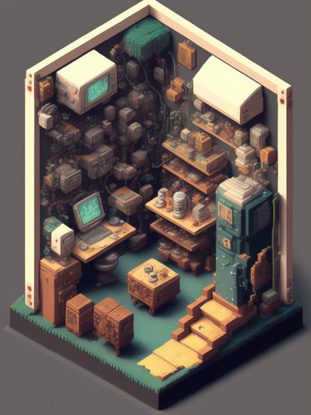 <lora:IsometricCutaway:1>isometric clean pixel art image cutaway of the inside of Bender from Futurama, style of tekkonkinkreet