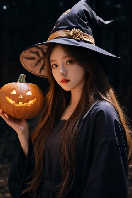 1girl, solo, wearing a witch outfit with white long hair, hallowen theme background with gloomy pumpkin glowing in the dark and full moon, mature body, upper body, wearing witch hat,