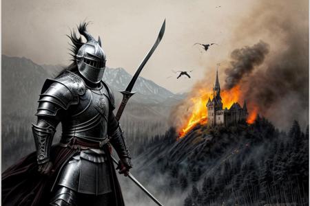 Pencil sketch, intricately detailed, rich shadows, highest resolution, highest quality, 8k UHD, 
best perfect realistic HD ultra HD 4k clear and detailed image, battle knights with a large and fearful fire dragon, nearby castle, weapons swords, crossbows, bows, detailed visualizations of knights, dragon and landscape, detailed depiction of their faces and weapons and armor, and o ...
