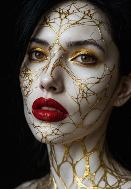 close up portrait of a 45yo female with black hair and red lips,her skin is bone white and made of marble, numerous deep gold lines run throughout, her eyes and cheekbones are adorned with few intricate tiny fractal patterns of gold, her eyes are open, eyes partially rolled back in her head, eye whites visible, in a dark room with hard lighting, extreme skin detail