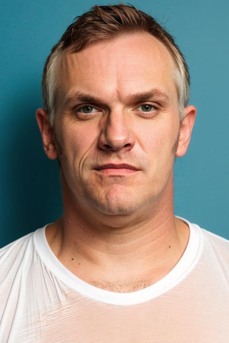 headshot of greg davies, clean-shaven, plain bright pastel background, white shirt
 <lora:GregDaviesLora:1>