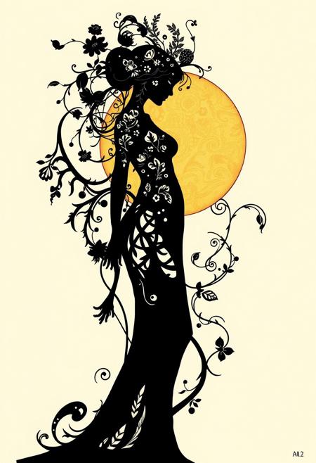 High-resolution stock photo album art: a backlit silhouetted figure with Art Nouveau and surreal influences. Detailed linework shows organic forms, mythology, nature, symbolic human figures, intricate designs, pen-and-ink style, transformation and life and death. The figure is graceful and elegant, with refined features, professional quality, commercial appeal.