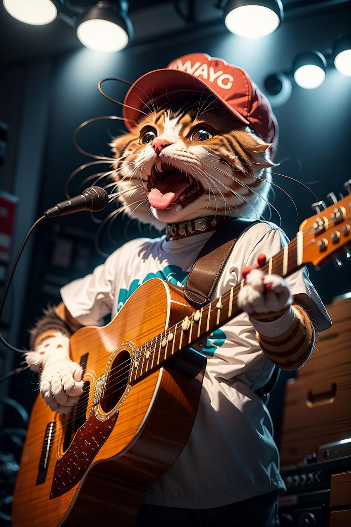 A cat playing guitar on stage, wearing a hat and a white shirt.